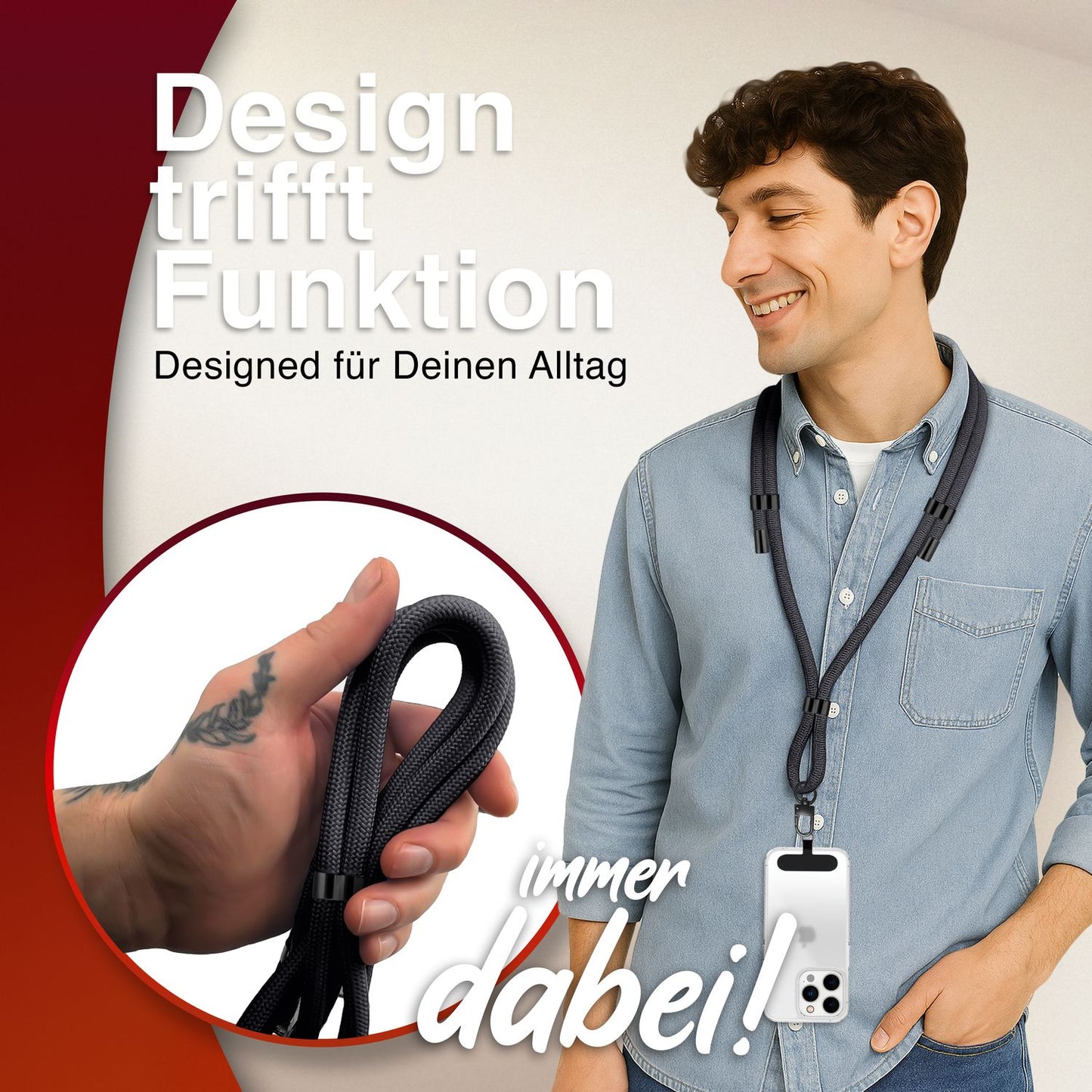 NALIA Universal Handykette für alle Smartphones – Premium Komfort-Nylon & 2 Patches – HOLDME (Geflochtenes Lanyard mit Mattschwarzem Karabiner) – Marke aus Berlin