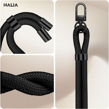 NALIA Universal Handykette für alle Smartphones – Premium Komfort-Nylon & 2 Patches – HOLDME (Geflochtenes Lanyard mit Mattschwarzem Karabiner) – Marke aus Berlin
