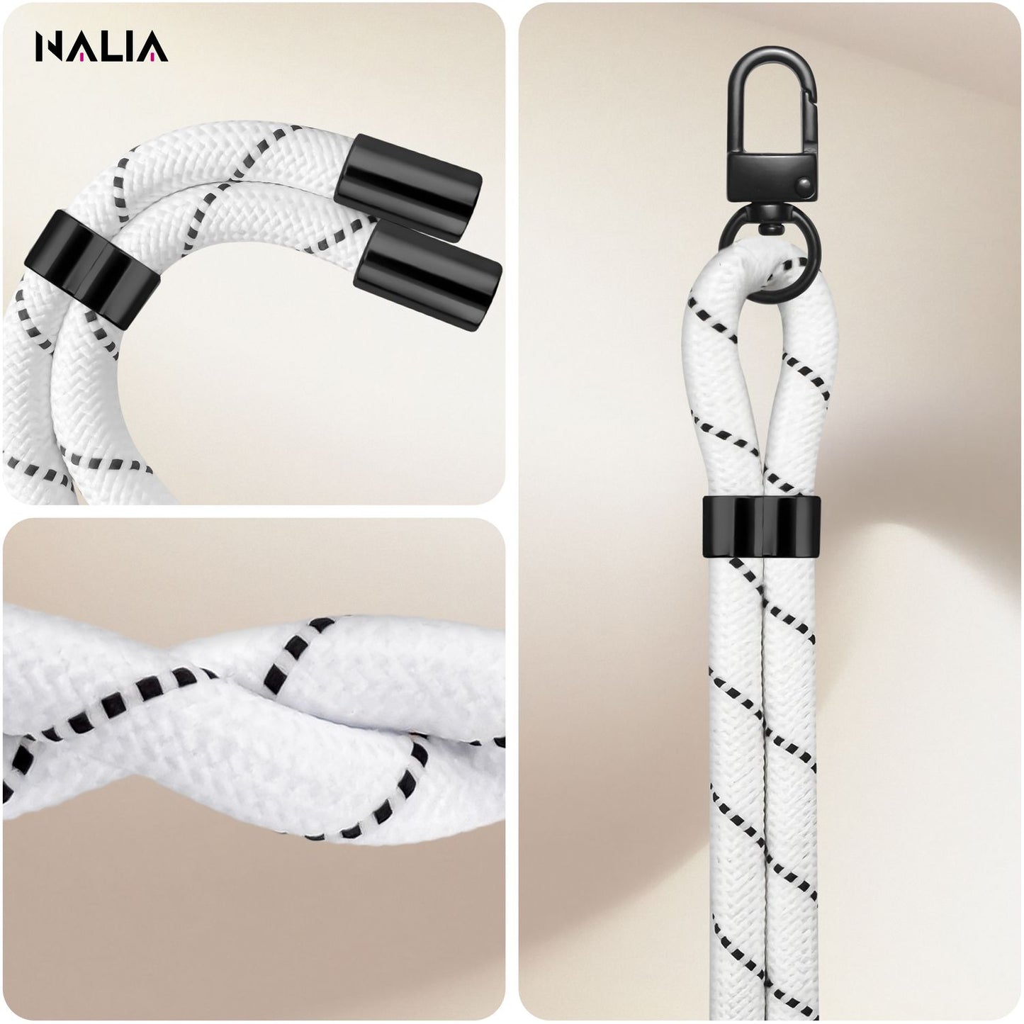 NALIA Universal Handykette für alle Smartphones – Premium Komfort-Nylon & 2 Patches – HOLDME (Geflochtenes Lanyard mit Mattschwarzem Karabiner) – Marke aus Berlin