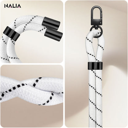 NALIA Universal Handykette für alle Smartphones – Premium Komfort-Nylon & 2 Patches – HOLDME (Geflochtenes Lanyard mit Mattschwarzem Karabiner) – Marke aus Berlin