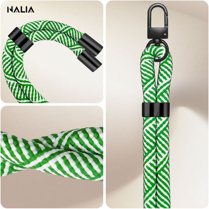 NALIA Universal Handykette für alle Smartphones – Premium Komfort-Nylon & 2 Patches – HOLDME (Geflochtenes Lanyard mit Mattschwarzem Karabiner) – Marke aus Berlin