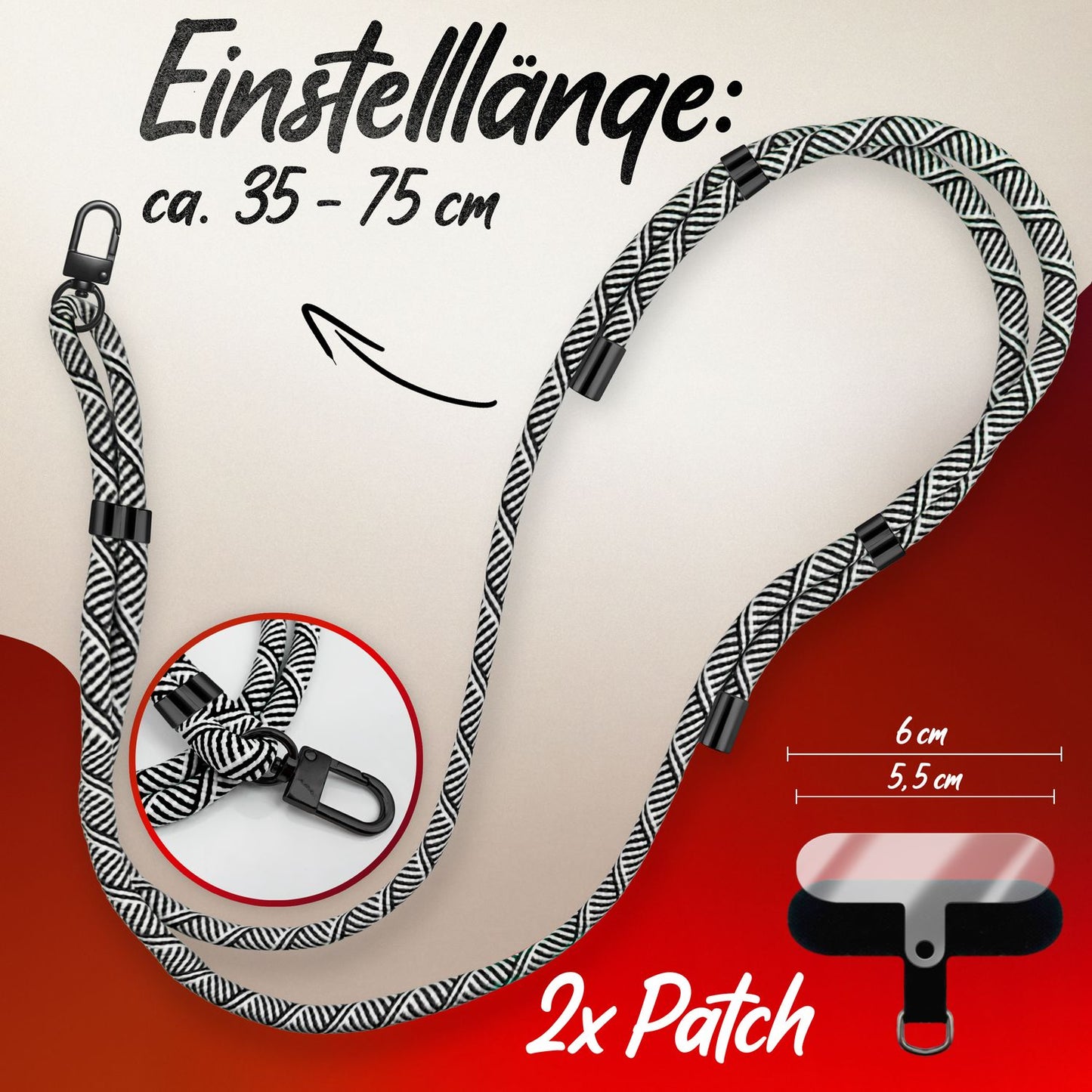 NALIA Universal Handykette für alle Smartphones – Premium Komfort-Nylon & 2 Patches – HOLDME (Geflochtenes Lanyard mit Mattschwarzem Karabiner) – Marke aus Berlin