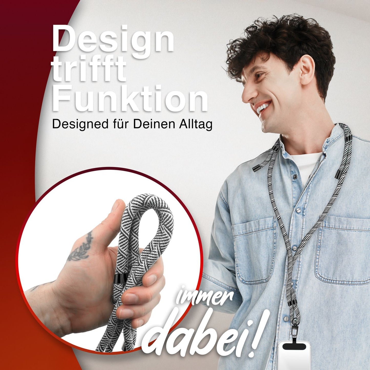 NALIA Universal Handykette für alle Smartphones – Premium Komfort-Nylon & 2 Patches – HOLDME (Geflochtenes Lanyard mit Mattschwarzem Karabiner) – Marke aus Berlin