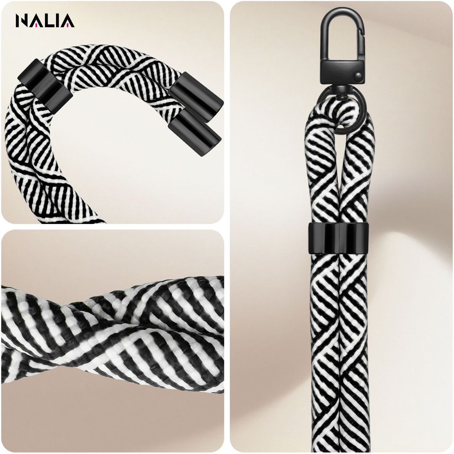 NALIA Universal Handykette für alle Smartphones – Premium Komfort-Nylon & 2 Patches – HOLDME (Geflochtenes Lanyard mit Mattschwarzem Karabiner) – Marke aus Berlin