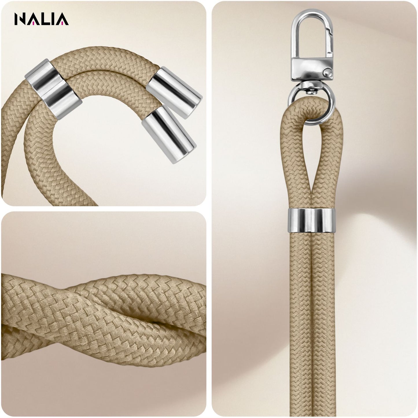 NALIA Universal Handykette für alle Smartphones – Premium Komfort-Nylon & 2 Patches – HOLDME (Geflochtenes Lanyard mit Silber-Karabiner) – Marke aus Berlin
