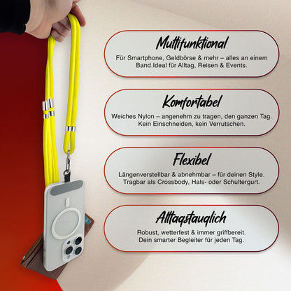 NALIA Universal Handykette für alle Smartphones – Premium Komfort-Nylon & 2 Patches – HOLDME (Geflochtenes Lanyard mit Silber-Karabiner) – Marke aus Berlin
