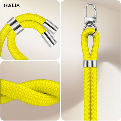 NALIA Universal Handykette für alle Smartphones – Premium Komfort-Nylon & 2 Patches – HOLDME (Geflochtenes Lanyard mit Silber-Karabiner) – Marke aus Berlin