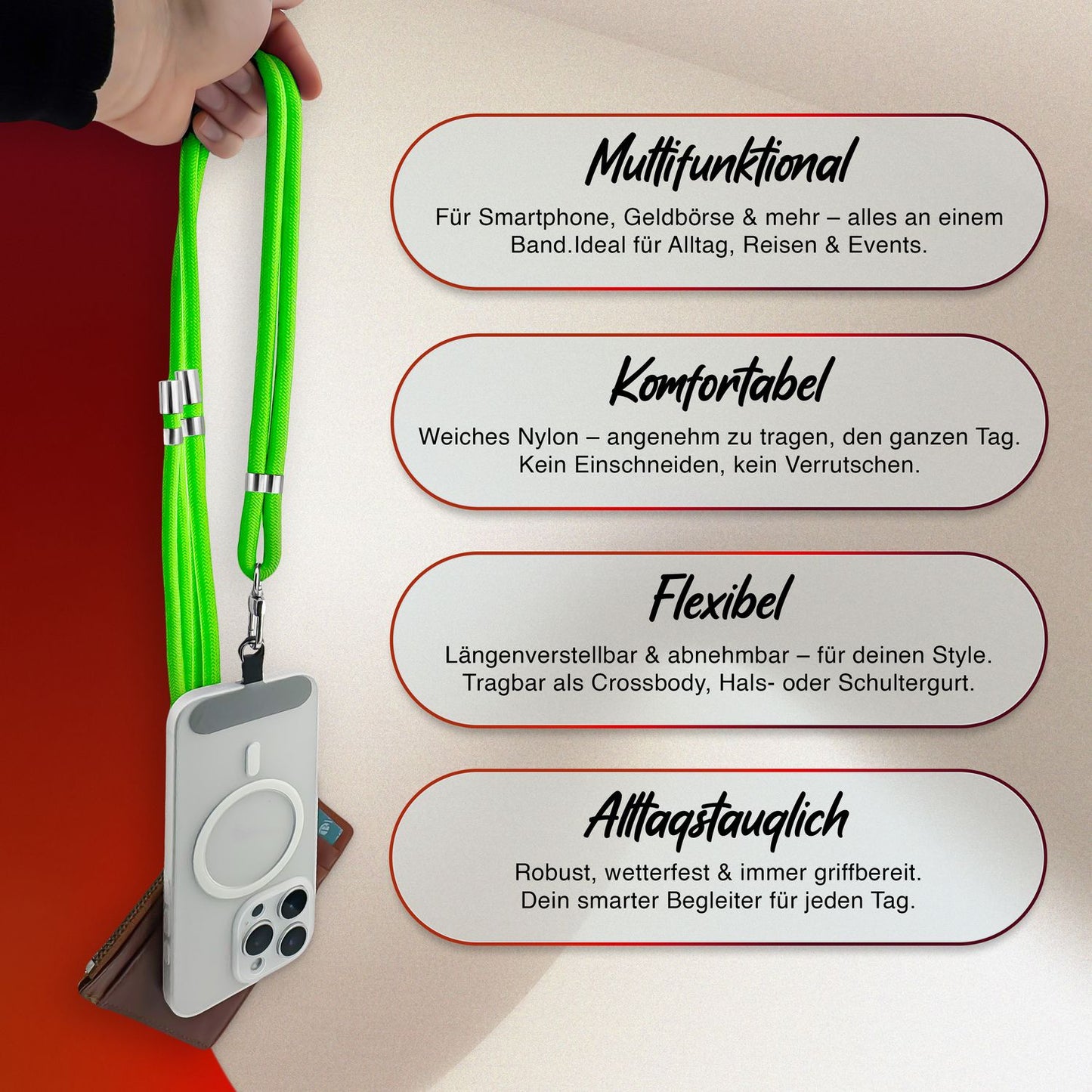 NALIA Universal Handykette für alle Smartphones – Premium Komfort-Nylon & 2 Patches – HOLDME (Geflochtenes Lanyard mit Silber-Karabiner) – Marke aus Berlin