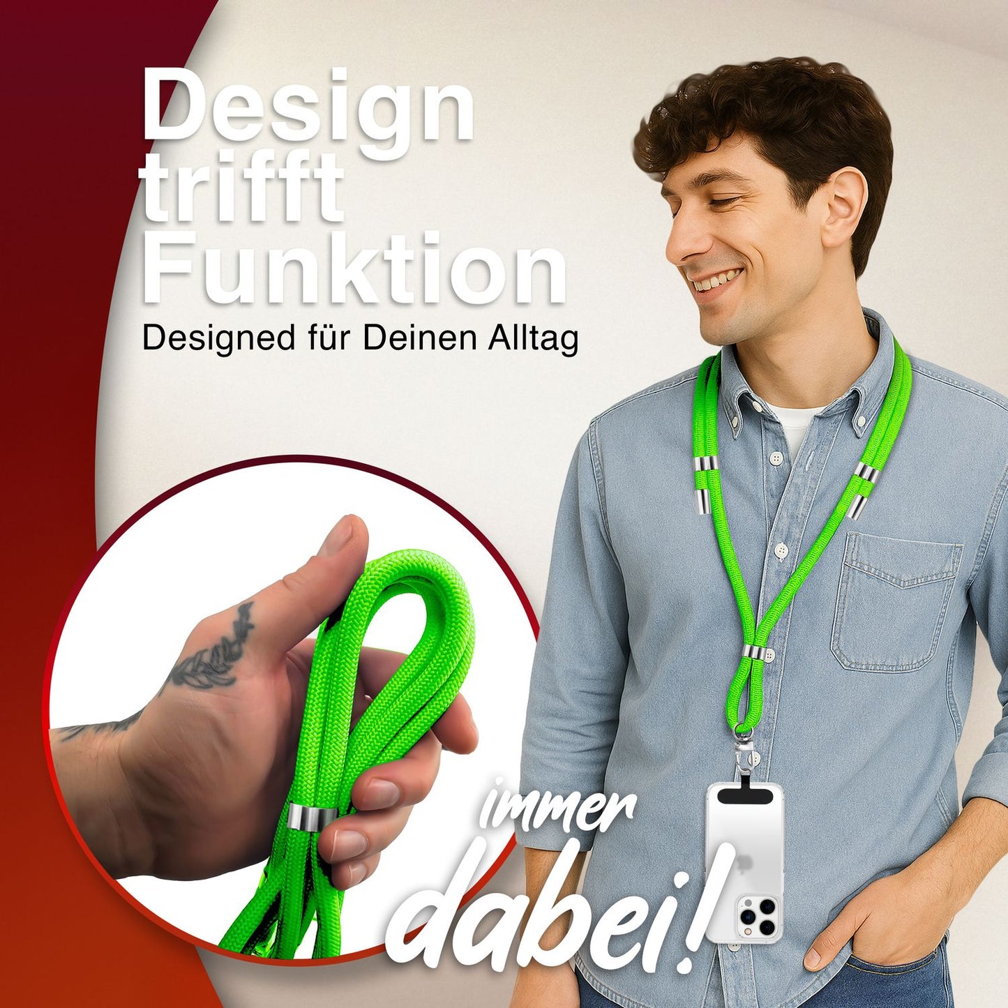 NALIA Universal Handykette für alle Smartphones – Premium Komfort-Nylon & 2 Patches – HOLDME (Geflochtenes Lanyard mit Silber-Karabiner) – Marke aus Berlin