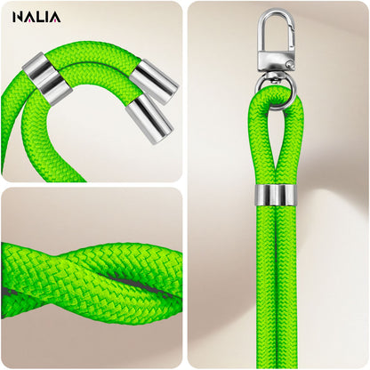NALIA Universal Handykette für alle Smartphones – Premium Komfort-Nylon & 2 Patches – HOLDME (Geflochtenes Lanyard mit Silber-Karabiner) – Marke aus Berlin