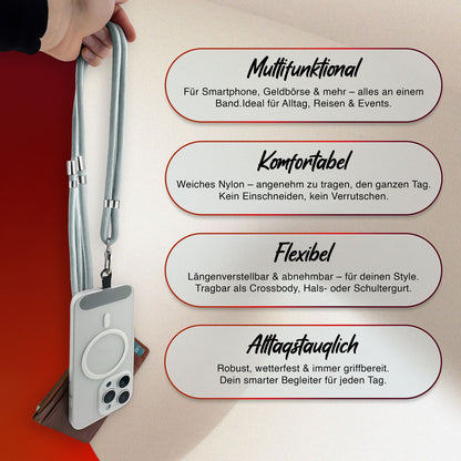 NALIA Universal Handykette für alle Smartphones – Premium Komfort-Nylon & 2 Patches – HOLDME (Geflochtenes Lanyard mit Silber-Karabiner) – Marke aus Berlin