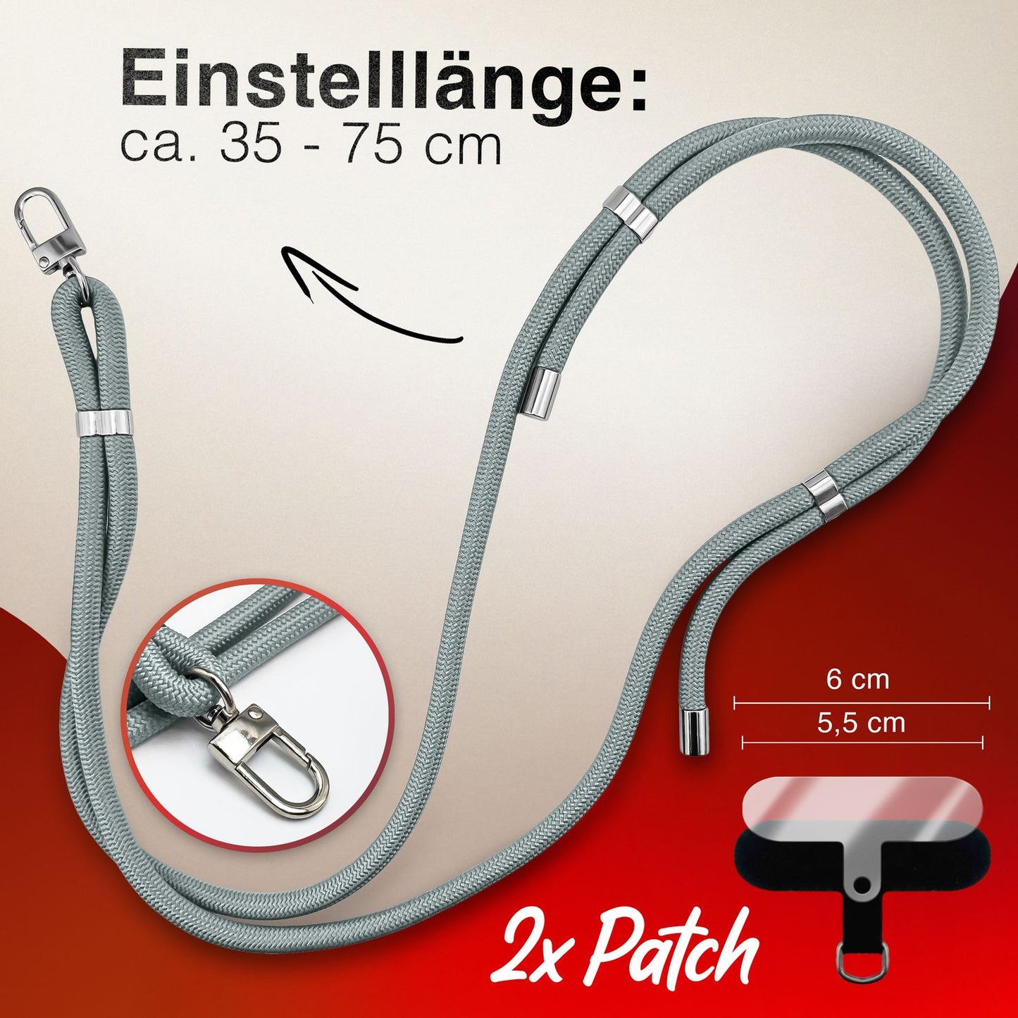 NALIA Universal Handykette für alle Smartphones – Premium Komfort-Nylon & 2 Patches – HOLDME (Geflochtenes Lanyard mit Silber-Karabiner) – Marke aus Berlin