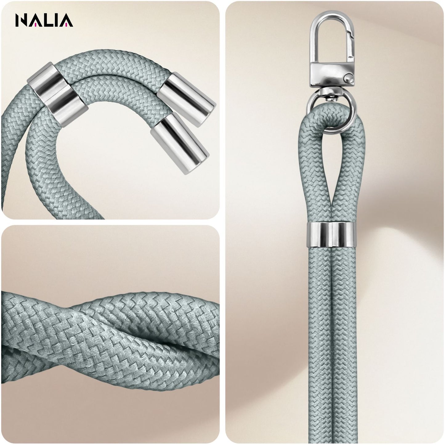 NALIA Universal Handykette für alle Smartphones – Premium Komfort-Nylon & 2 Patches – HOLDME (Geflochtenes Lanyard mit Silber-Karabiner) – Marke aus Berlin