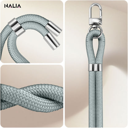 NALIA Universal Handykette für alle Smartphones – Premium Komfort-Nylon & 2 Patches – HOLDME (Geflochtenes Lanyard mit Silber-Karabiner) – Marke aus Berlin