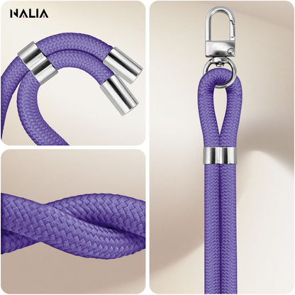 NALIA Universal Handykette für alle Smartphones – Premium Komfort-Nylon & 2 Patches – HOLDME (Geflochtenes Lanyard mit Silber-Karabiner) – Marke aus Berlin