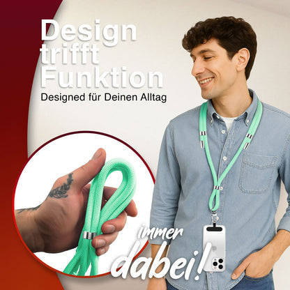 NALIA Universal Handykette für alle Smartphones – Premium Komfort-Nylon & 2 Patches – HOLDME (Geflochtenes Lanyard mit Silber-Karabiner) – Marke aus Berlin