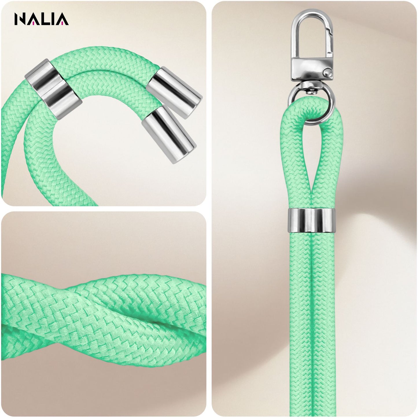 NALIA Universal Handykette für alle Smartphones – Premium Komfort-Nylon & 2 Patches – HOLDME (Geflochtenes Lanyard mit Silber-Karabiner) – Marke aus Berlin