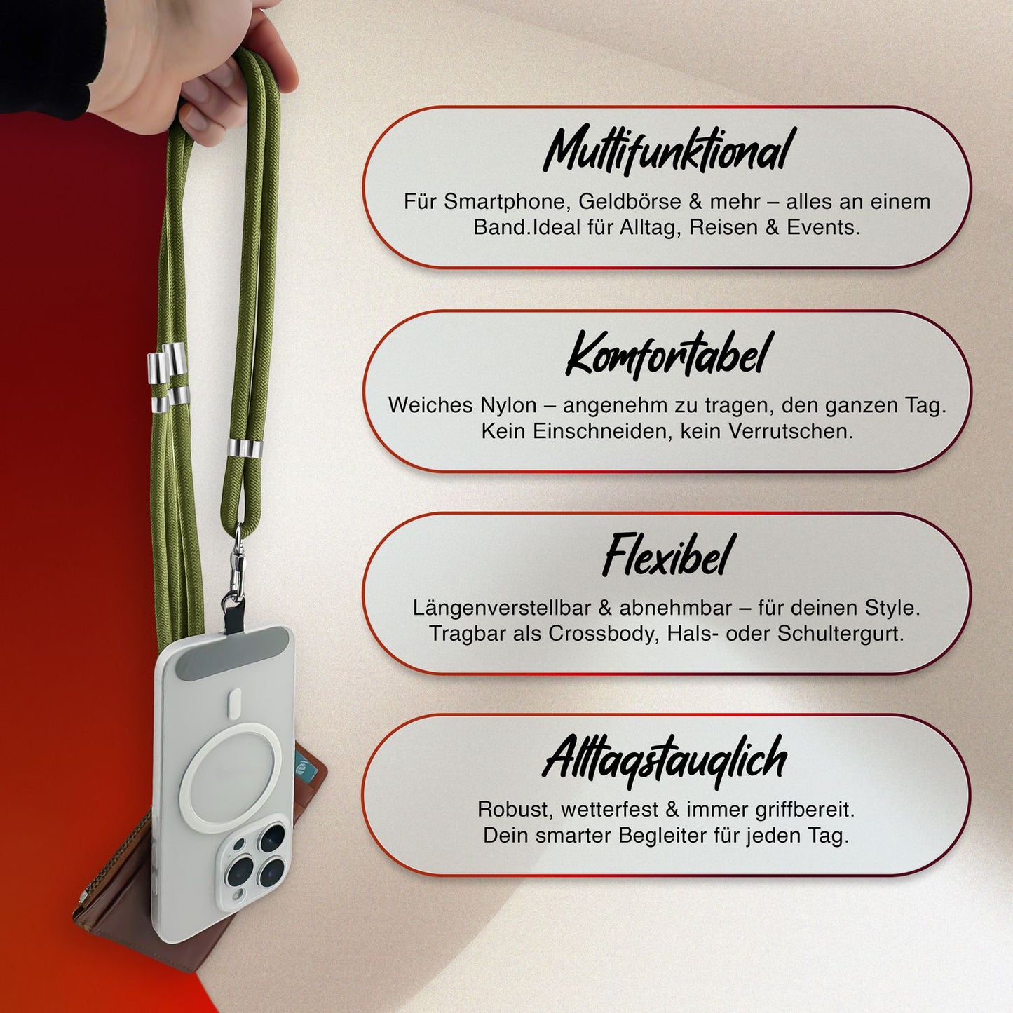 NALIA Universal Handykette für alle Smartphones – Premium Komfort-Nylon & 2 Patches – HOLDME (Geflochtenes Lanyard mit Silber-Karabiner) – Marke aus Berlin