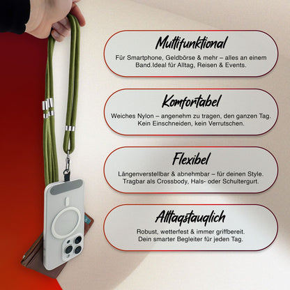 NALIA Universal Handykette für alle Smartphones – Premium Komfort-Nylon & 2 Patches – HOLDME (Geflochtenes Lanyard mit Silber-Karabiner) – Marke aus Berlin