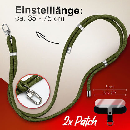NALIA Universal Handykette für alle Smartphones – Premium Komfort-Nylon & 2 Patches – HOLDME (Geflochtenes Lanyard mit Silber-Karabiner) – Marke aus Berlin