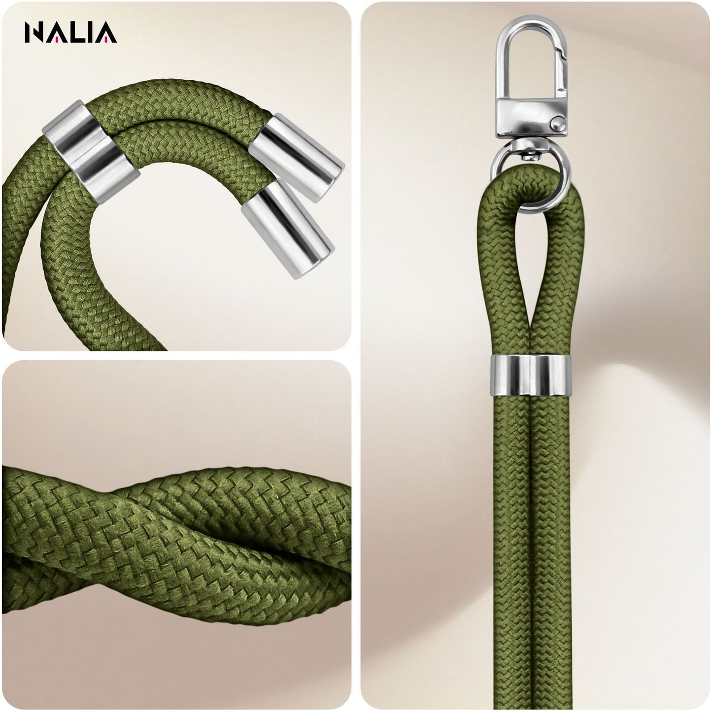 NALIA Universal Handykette für alle Smartphones – Premium Komfort-Nylon & 2 Patches – HOLDME (Geflochtenes Lanyard mit Silber-Karabiner) – Marke aus Berlin