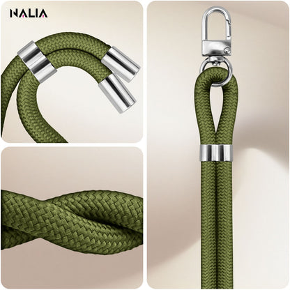 NALIA Universal Handykette für alle Smartphones – Premium Komfort-Nylon & 2 Patches – HOLDME (Geflochtenes Lanyard mit Silber-Karabiner) – Marke aus Berlin