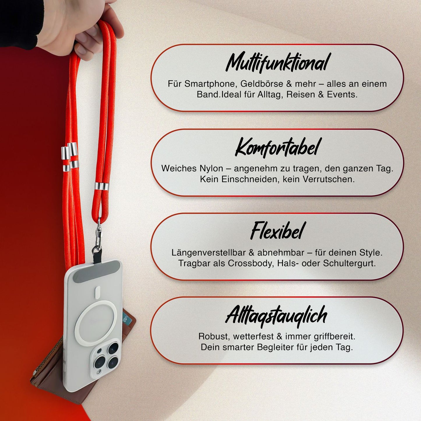 NALIA Universal Handykette für alle Smartphones – Premium Komfort-Nylon & 2 Patches – HOLDME (Geflochtenes Lanyard mit Silber-Karabiner) – Marke aus Berlin