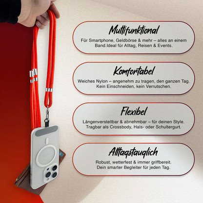 NALIA Universal Handykette für alle Smartphones – Premium Komfort-Nylon & 2 Patches – HOLDME (Geflochtenes Lanyard mit Silber-Karabiner) – Marke aus Berlin