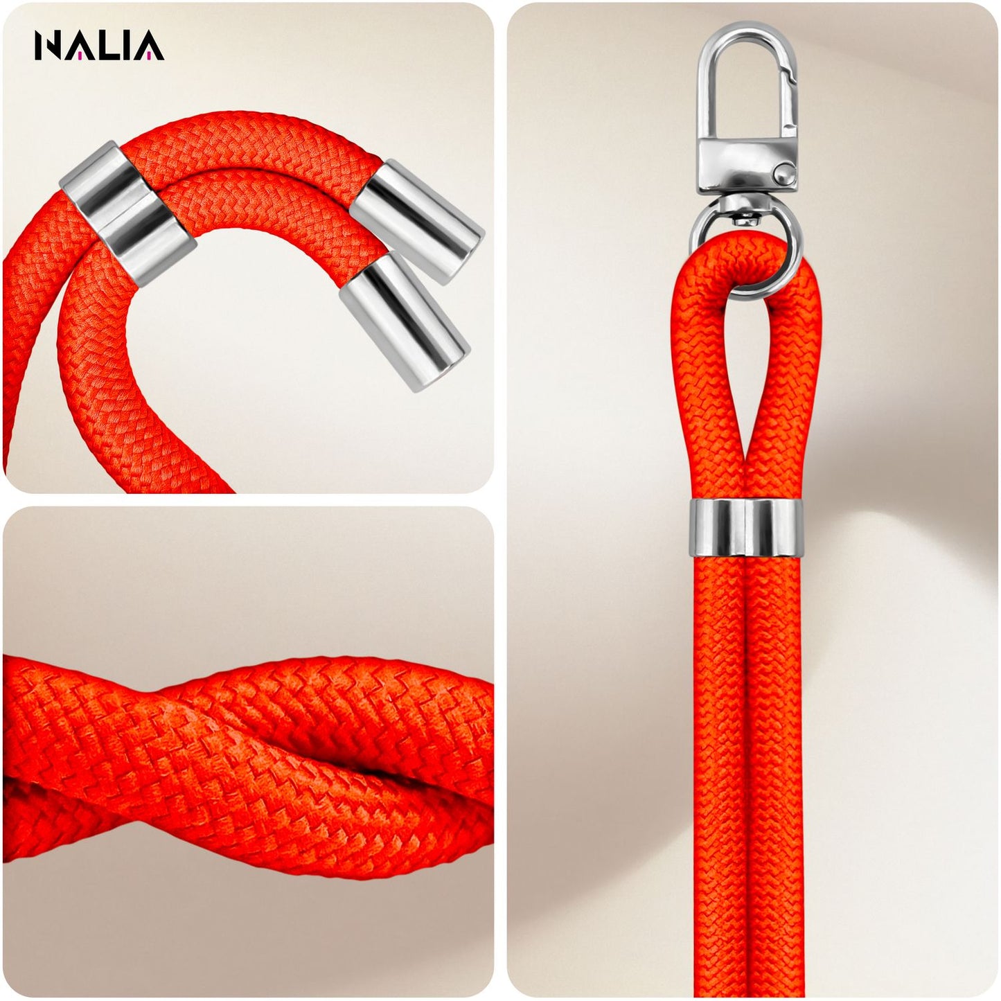 NALIA Universal Handykette für alle Smartphones – Premium Komfort-Nylon & 2 Patches – HOLDME (Geflochtenes Lanyard mit Silber-Karabiner) – Marke aus Berlin