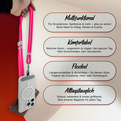 NALIA Universal Handykette für alle Smartphones – Premium Komfort-Nylon & 2 Patches – HOLDME (Geflochtenes Lanyard mit Silber-Karabiner) – Marke aus Berlin