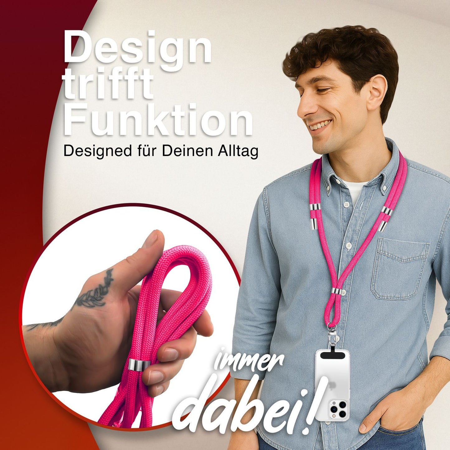 NALIA Universal Handykette für alle Smartphones – Premium Komfort-Nylon & 2 Patches – HOLDME (Geflochtenes Lanyard mit Silber-Karabiner) – Marke aus Berlin