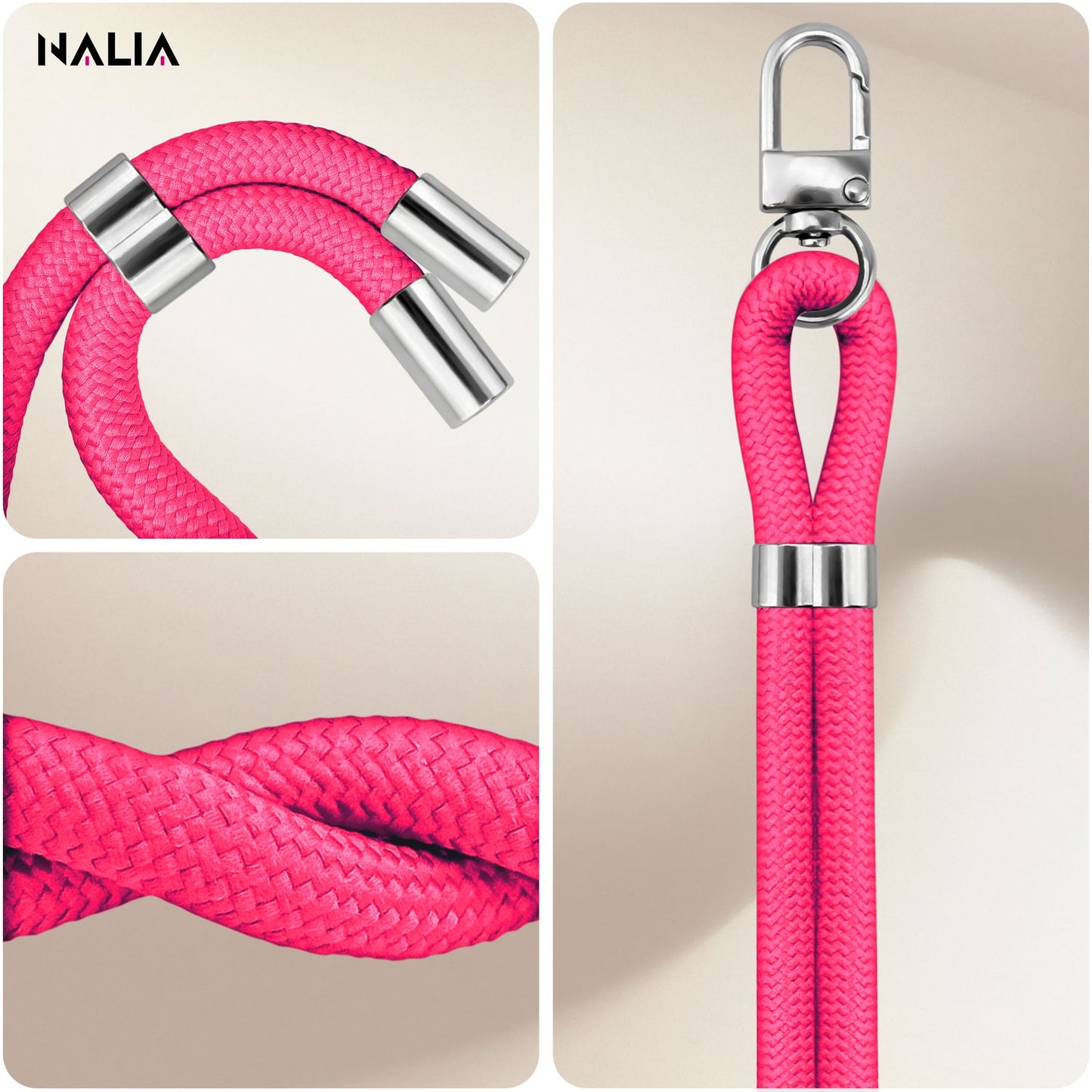 NALIA Universal Handykette für alle Smartphones – Premium Komfort-Nylon & 2 Patches – HOLDME (Geflochtenes Lanyard mit Silber-Karabiner) – Marke aus Berlin