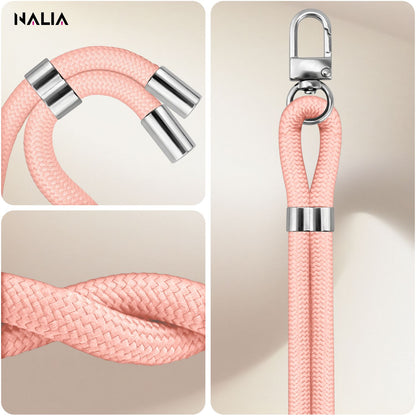 NALIA Universal Handykette für alle Smartphones – Premium Komfort-Nylon & 2 Patches – HOLDME (Geflochtenes Lanyard mit Silber-Karabiner) – Marke aus Berlin