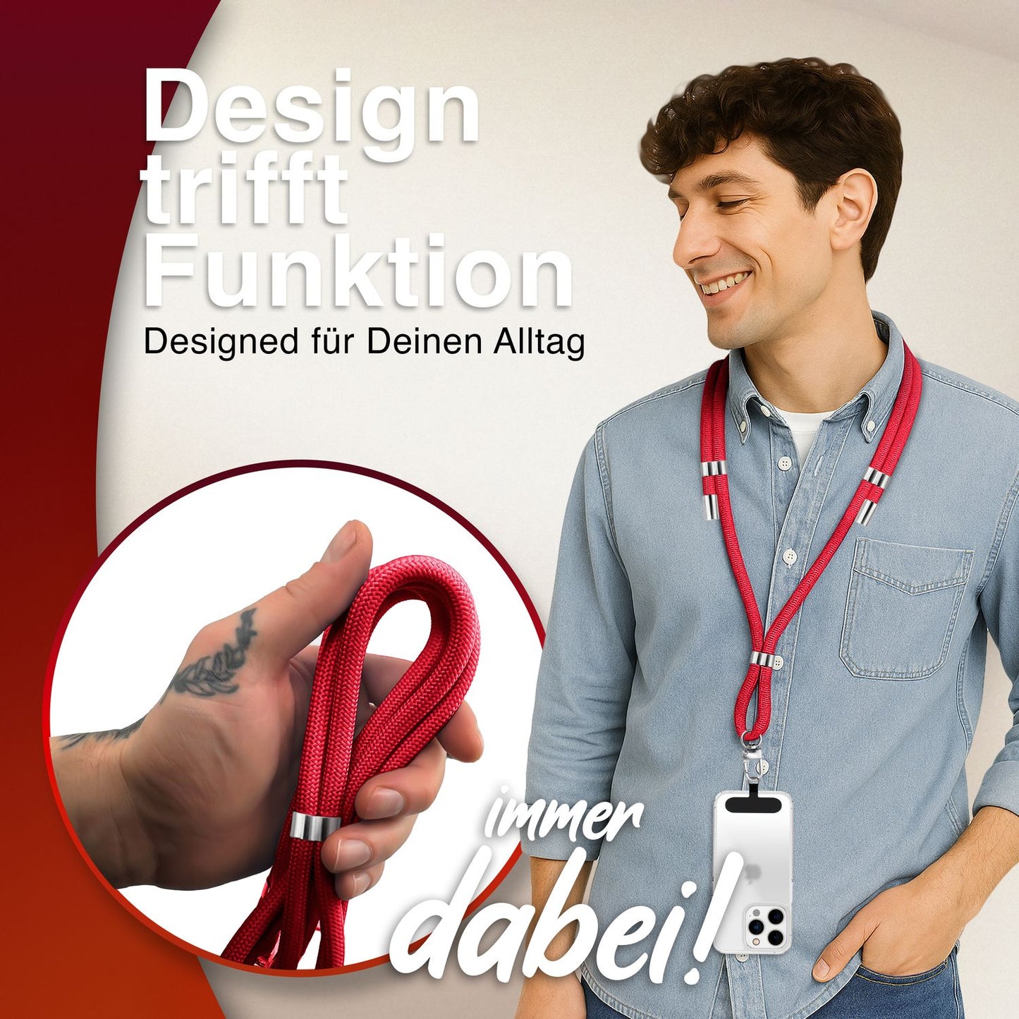 NALIA Universal Handykette für alle Smartphones – Premium Komfort-Nylon & 2 Patches – HOLDME (Geflochtenes Lanyard mit Silber-Karabiner) – Marke aus Berlin