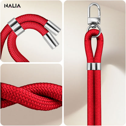 NALIA Universal Handykette für alle Smartphones – Premium Komfort-Nylon & 2 Patches – HOLDME (Geflochtenes Lanyard mit Silber-Karabiner) – Marke aus Berlin
