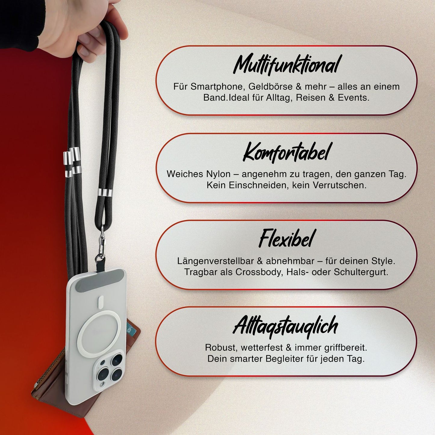 NALIA Universal Handykette für alle Smartphones – Premium Komfort-Nylon & 2 Patches – HOLDME (Geflochtenes Lanyard mit Silber-Karabiner) – Marke aus Berlin