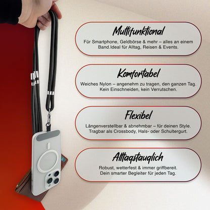 NALIA Universal Handykette für alle Smartphones – Premium Komfort-Nylon & 2 Patches – HOLDME (Geflochtenes Lanyard mit Silber-Karabiner) – Marke aus Berlin
