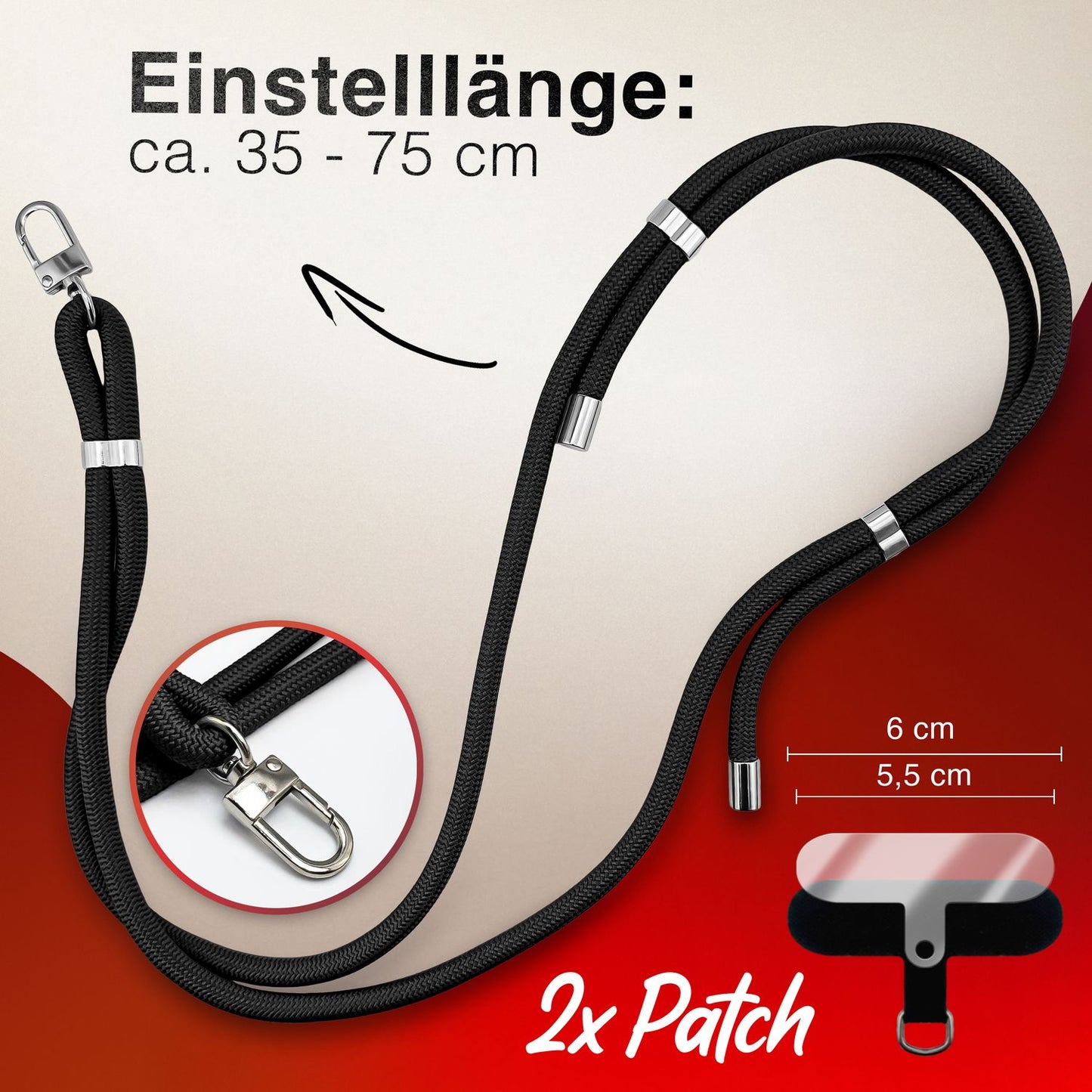NALIA Universal Handykette für alle Smartphones – Premium Komfort-Nylon & 2 Patches – HOLDME (Geflochtenes Lanyard mit Silber-Karabiner) – Marke aus Berlin