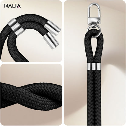 NALIA Universal Handykette für alle Smartphones – Premium Komfort-Nylon & 2 Patches – HOLDME (Geflochtenes Lanyard mit Silber-Karabiner) – Marke aus Berlin