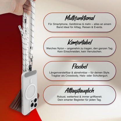 NALIA Universal Handykette für alle Smartphones – Premium Komfort-Nylon & 2 Patches – HOLDME (Geflochtenes Lanyard mit Silber-Karabiner) – Marke aus Berlin