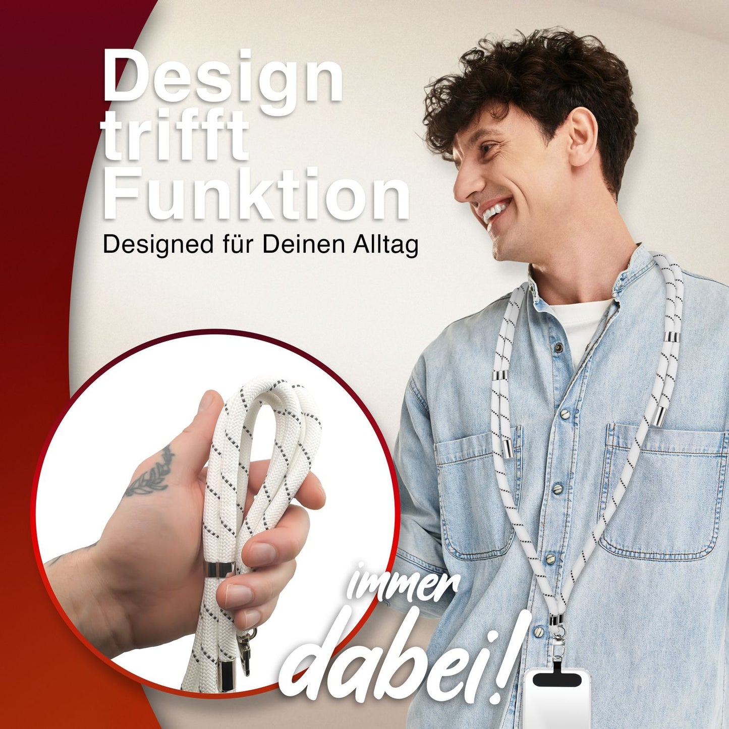 NALIA Universal Handykette für alle Smartphones – Premium Komfort-Nylon & 2 Patches – HOLDME (Geflochtenes Lanyard mit Silber-Karabiner) – Marke aus Berlin