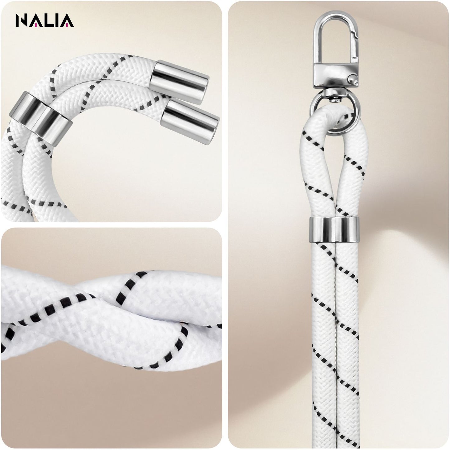 NALIA Universal Handykette für alle Smartphones – Premium Komfort-Nylon & 2 Patches – HOLDME (Geflochtenes Lanyard mit Silber-Karabiner) – Marke aus Berlin