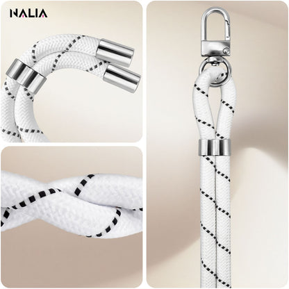 NALIA Universal Handykette für alle Smartphones – Premium Komfort-Nylon & 2 Patches – HOLDME (Geflochtenes Lanyard mit Silber-Karabiner) – Marke aus Berlin