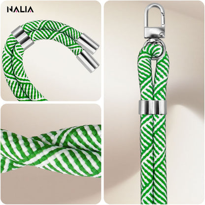 NALIA Universal Handykette für alle Smartphones – Premium Komfort-Nylon & 2 Patches – HOLDME (Geflochtenes Lanyard mit Silber-Karabiner) – Marke aus Berlin