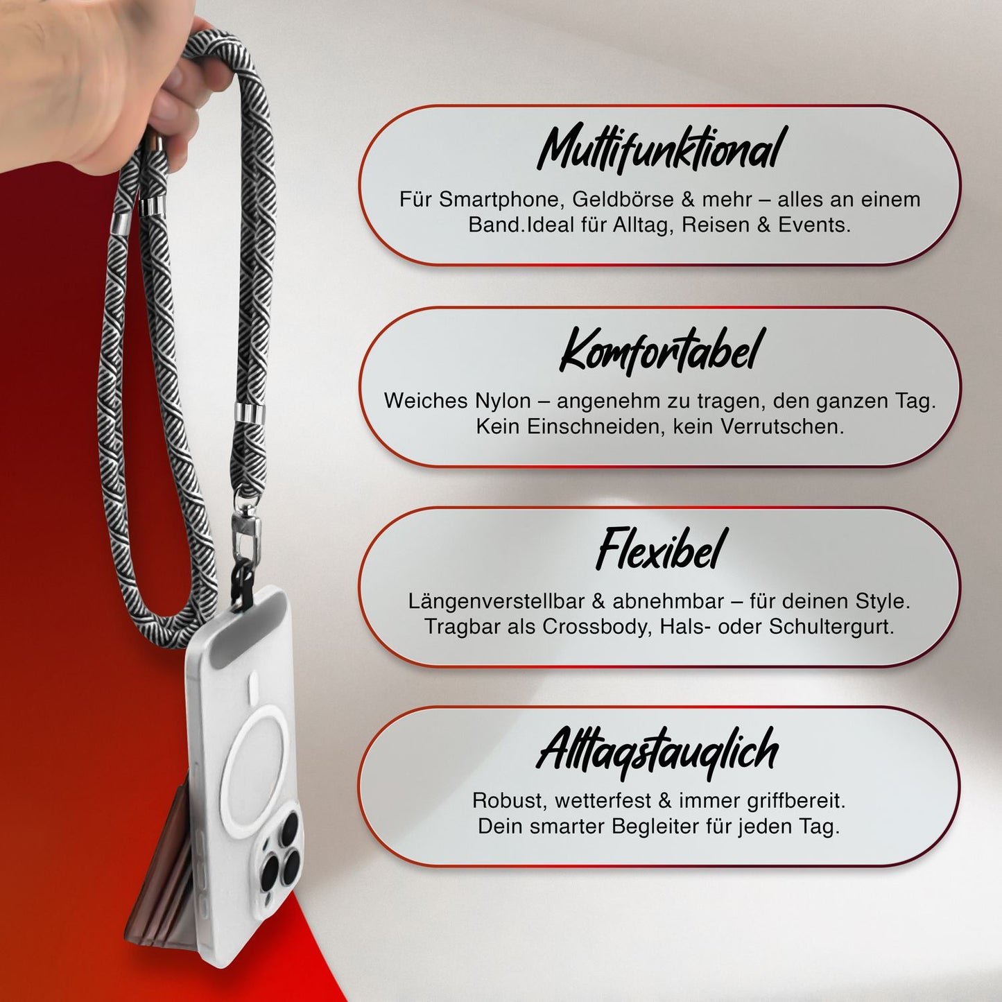 NALIA Universal Handykette für alle Smartphones – Premium Komfort-Nylon & 2 Patches – HOLDME (Geflochtenes Lanyard mit Silber-Karabiner) – Marke aus Berlin