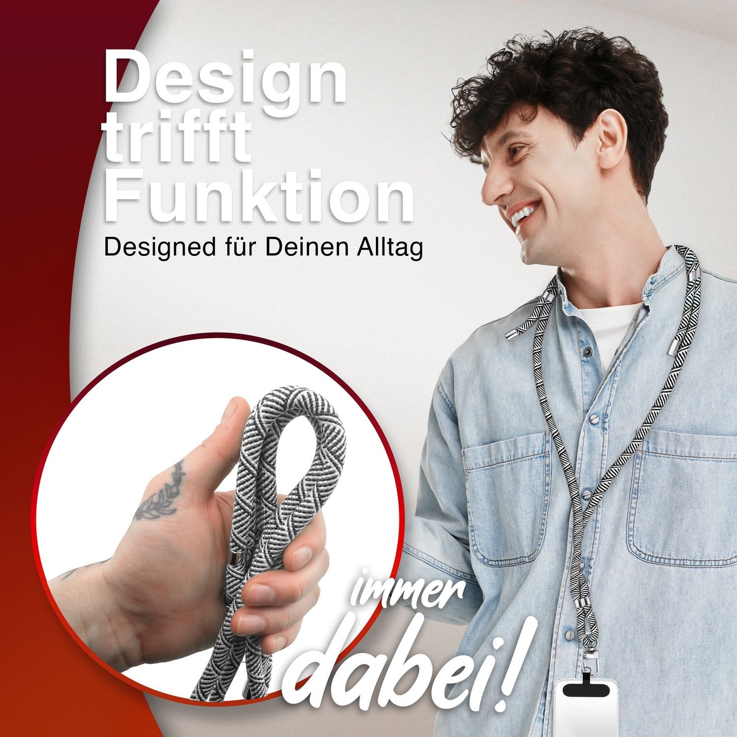 NALIA Universal Handykette für alle Smartphones – Premium Komfort-Nylon & 2 Patches – HOLDME (Geflochtenes Lanyard mit Silber-Karabiner) – Marke aus Berlin