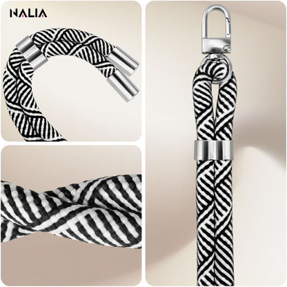NALIA Universal Handykette für alle Smartphones – Premium Komfort-Nylon & 2 Patches – HOLDME (Geflochtenes Lanyard mit Silber-Karabiner) – Marke aus Berlin