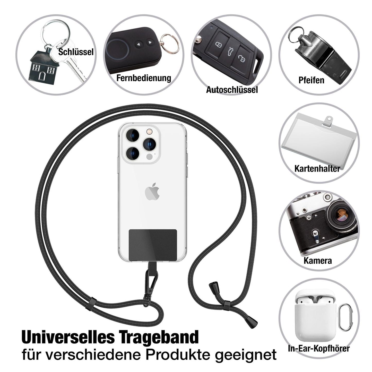 NALIA Universal Handykette für alle Smartphones – Robuste Kordel & 2 Patches – HOLDME AIR (Klassisches Lanyard mit Mattschwarzem Karabiner) – Marke aus Berlin