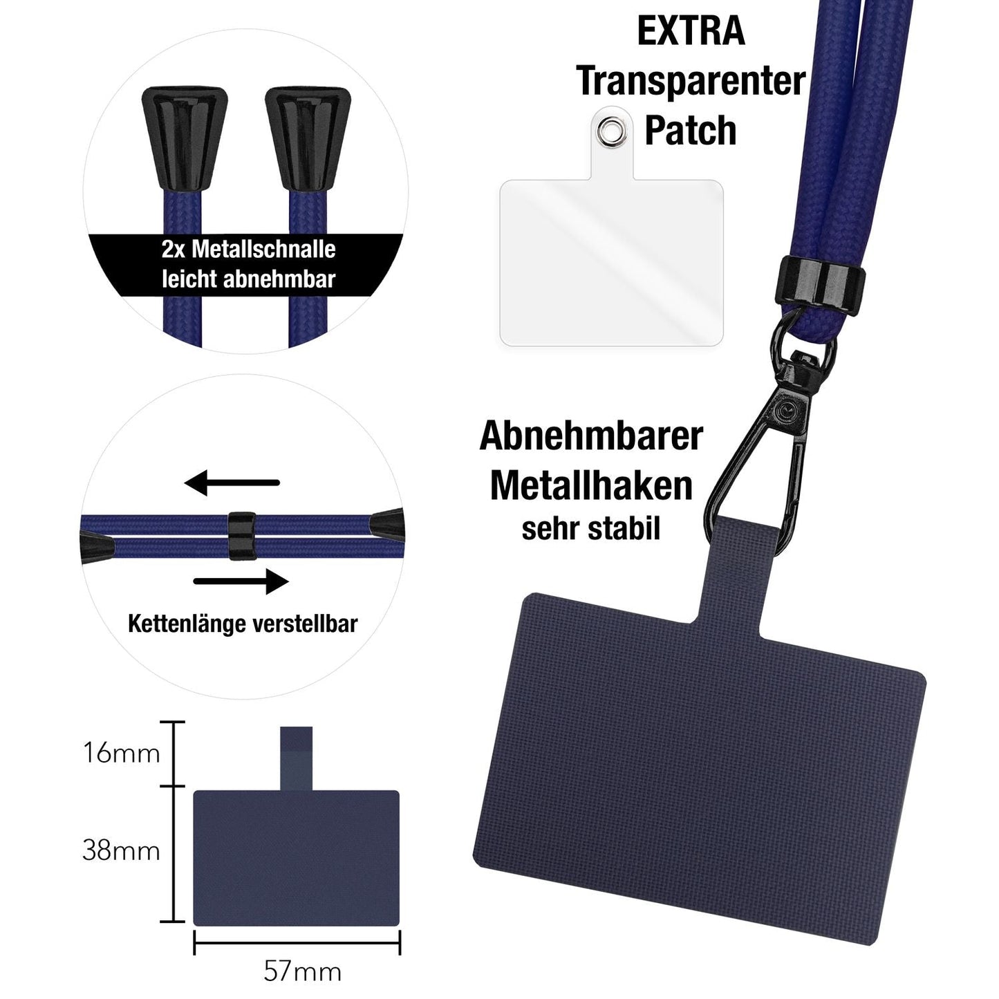 NALIA Universal Handykette für alle Smartphones – Robuste Kordel & 2 Patches – HOLDME AIR (Klassisches Lanyard mit Mattschwarzem Karabiner) – Marke aus Berlin