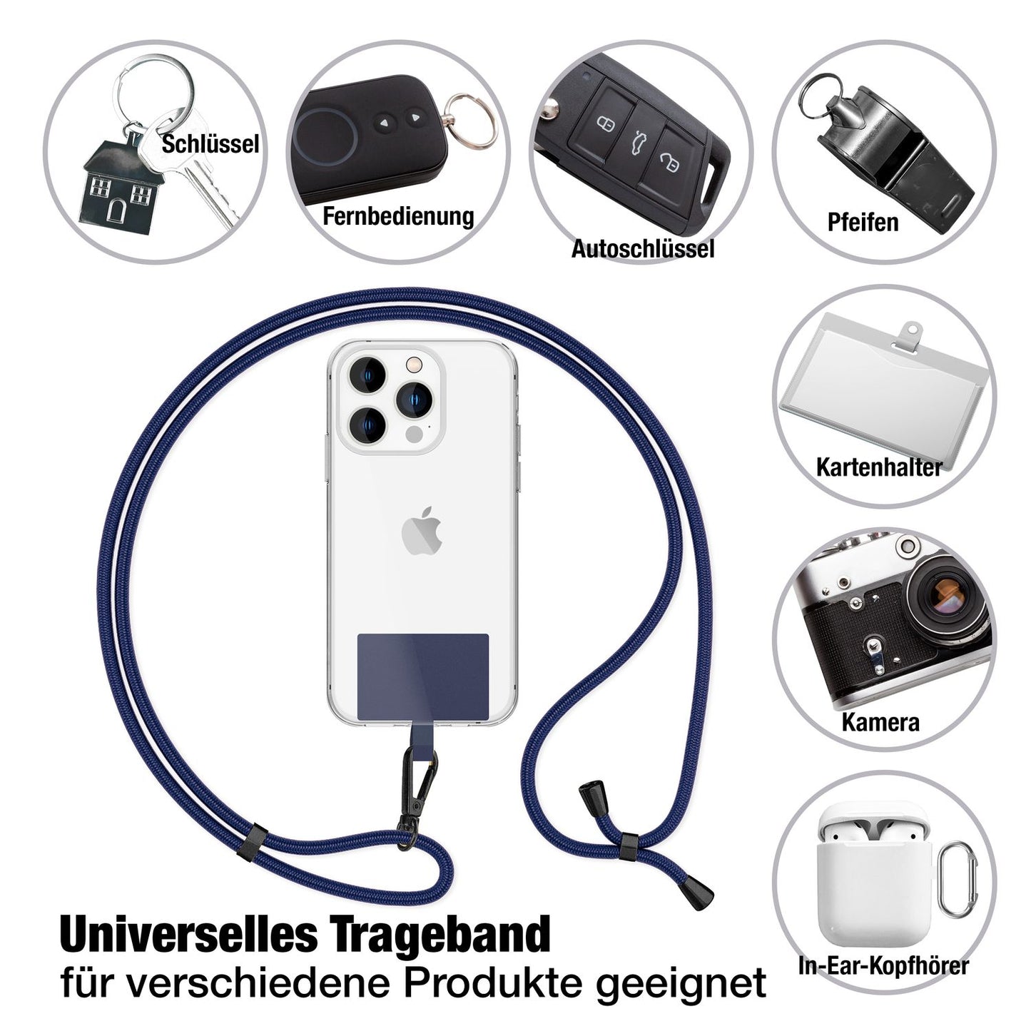 NALIA Universal Handykette für alle Smartphones – Robuste Kordel & 2 Patches – HOLDME AIR (Klassisches Lanyard mit Mattschwarzem Karabiner) – Marke aus Berlin